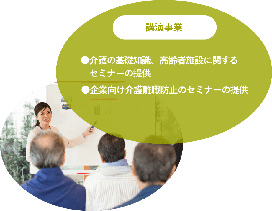 講演事業。介護の基礎知識、高齢者施設に関するセミナーの提供。企業向け介護離職防止のセミナーの提供